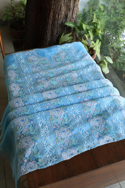 Sky Blue Noor Banarasi Organza Chikankari Unstitched Fabrics