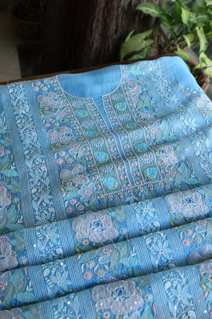 Sky Blue Noor Banarasi Organza Chikankari Unstitched Fabrics