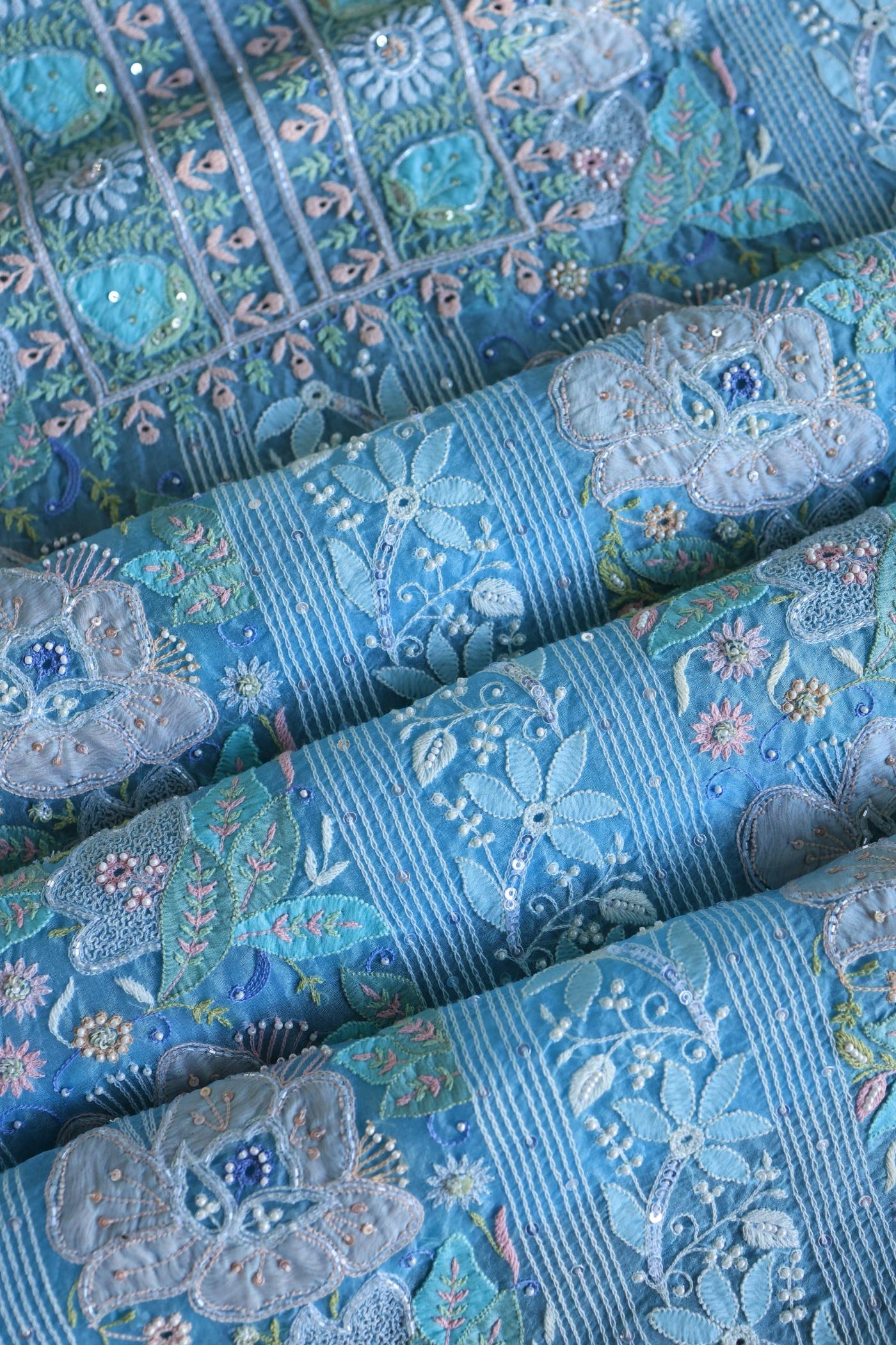 Sky Blue Noor Banarasi Organza Chikankari Unstitched Fabrics