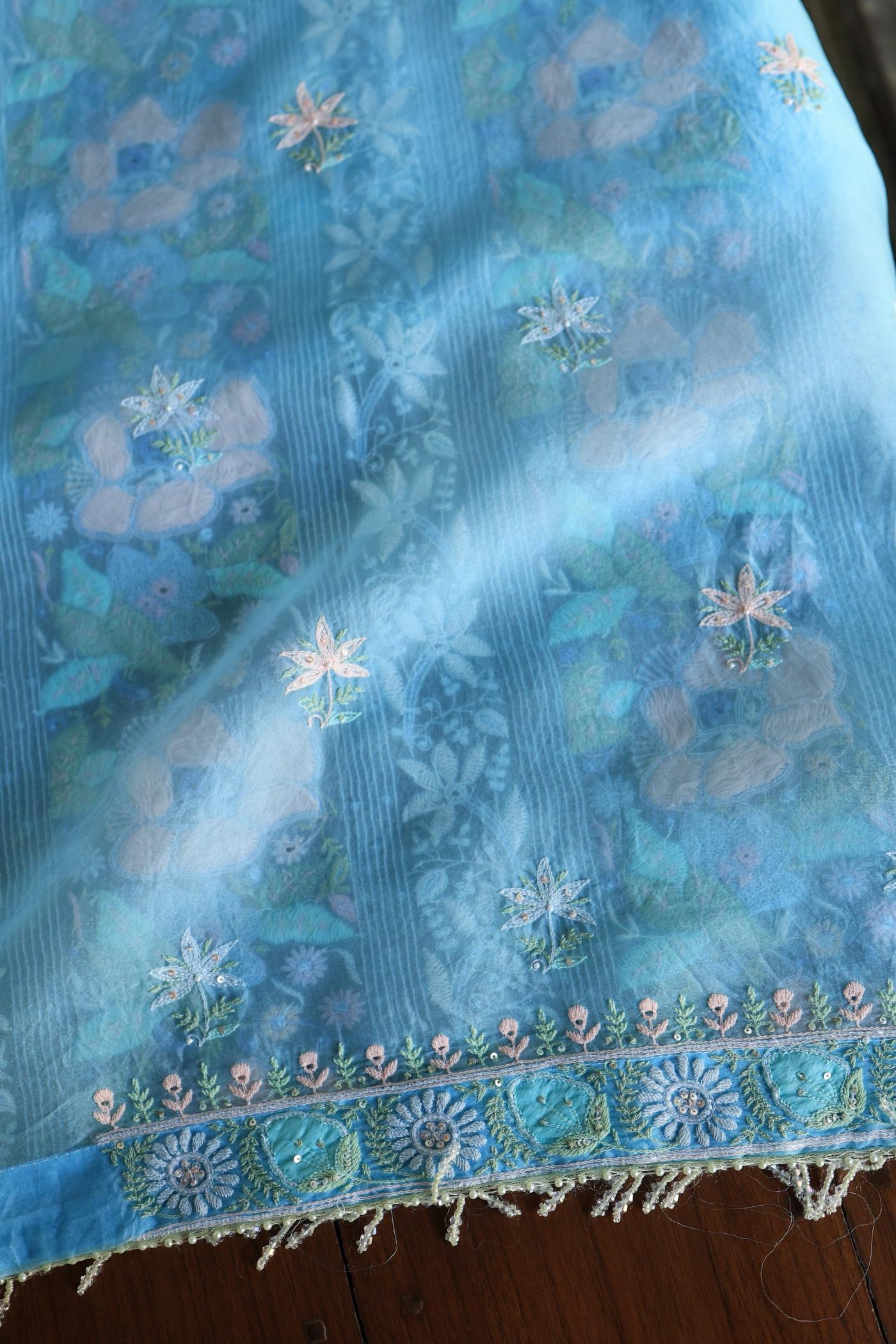 Sky Blue Noor Banarasi Organza Chikankari Unstitched Fabrics