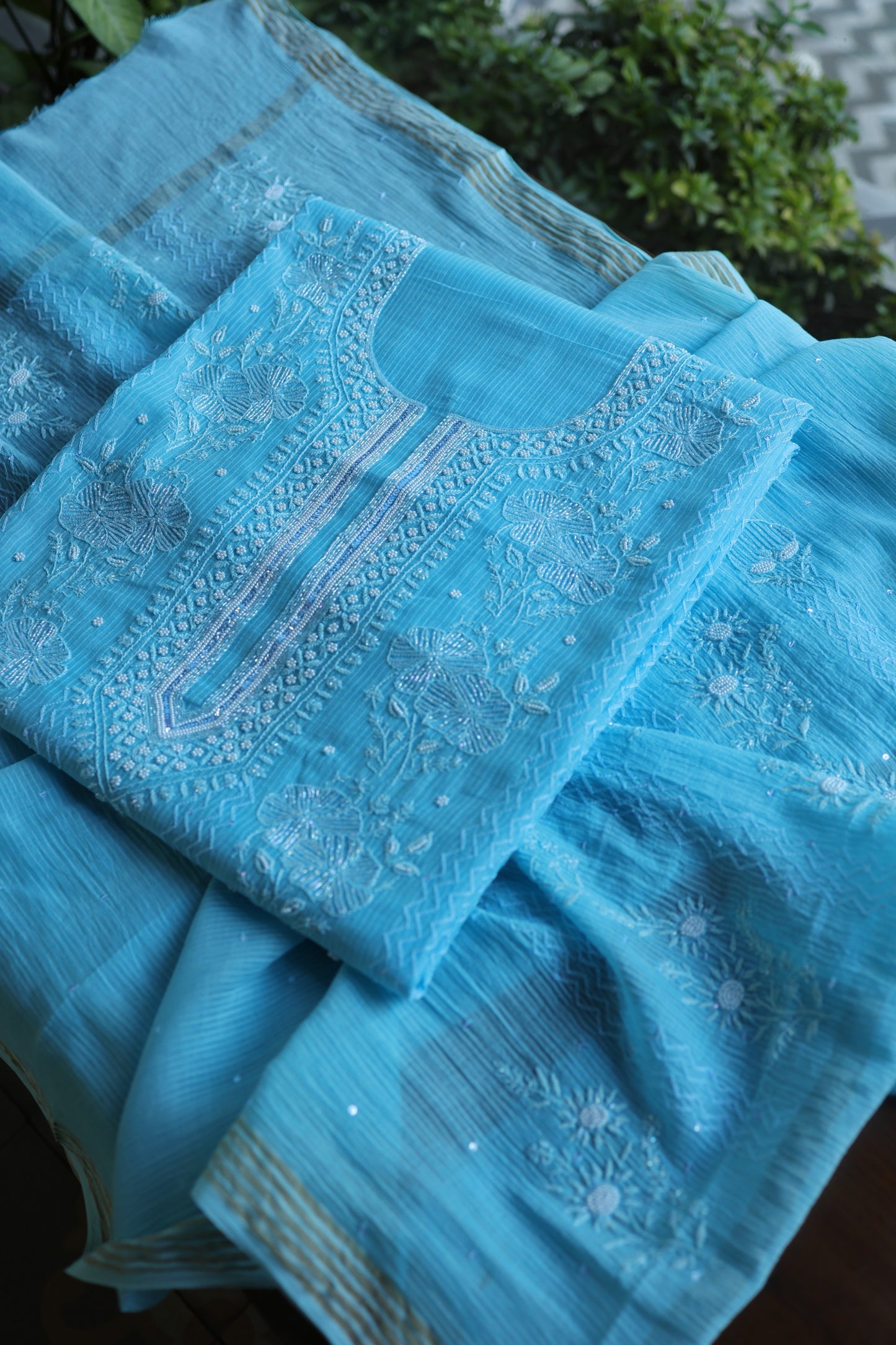 Sky Blue Pearl Work Chikankari Unstitched Fabric