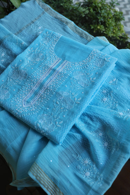 Sky Blue Pearl Work Chikankari Unstitched Fabric