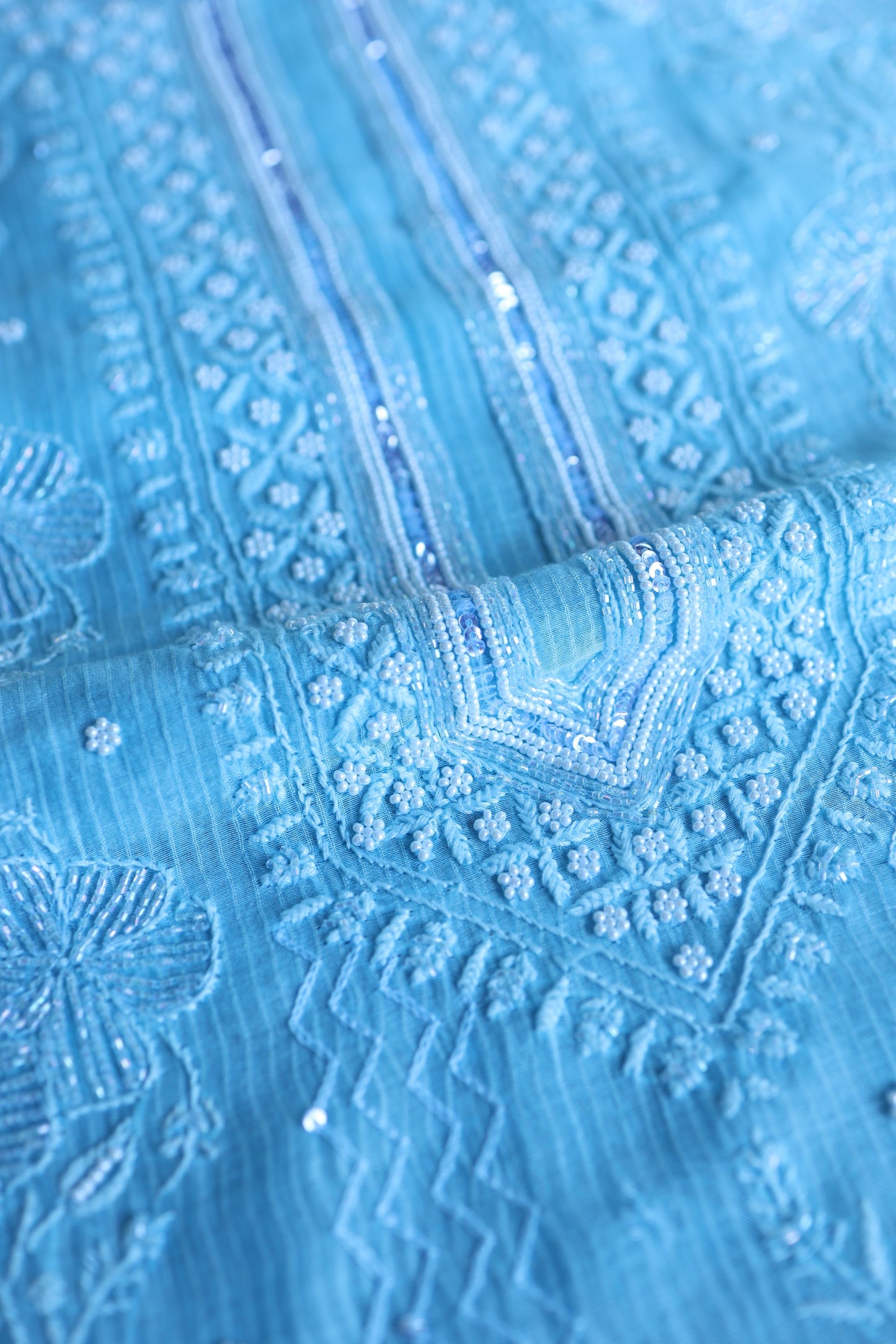 Sky Blue Pearl Work Chikankari Unstitched Fabric