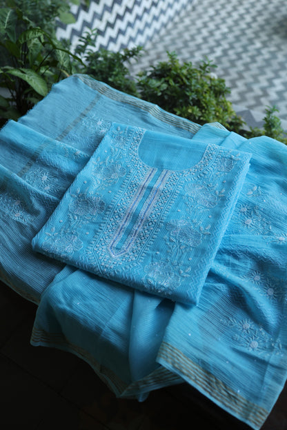 Sky Blue Pearl Work Chikankari Unstitched Fabric