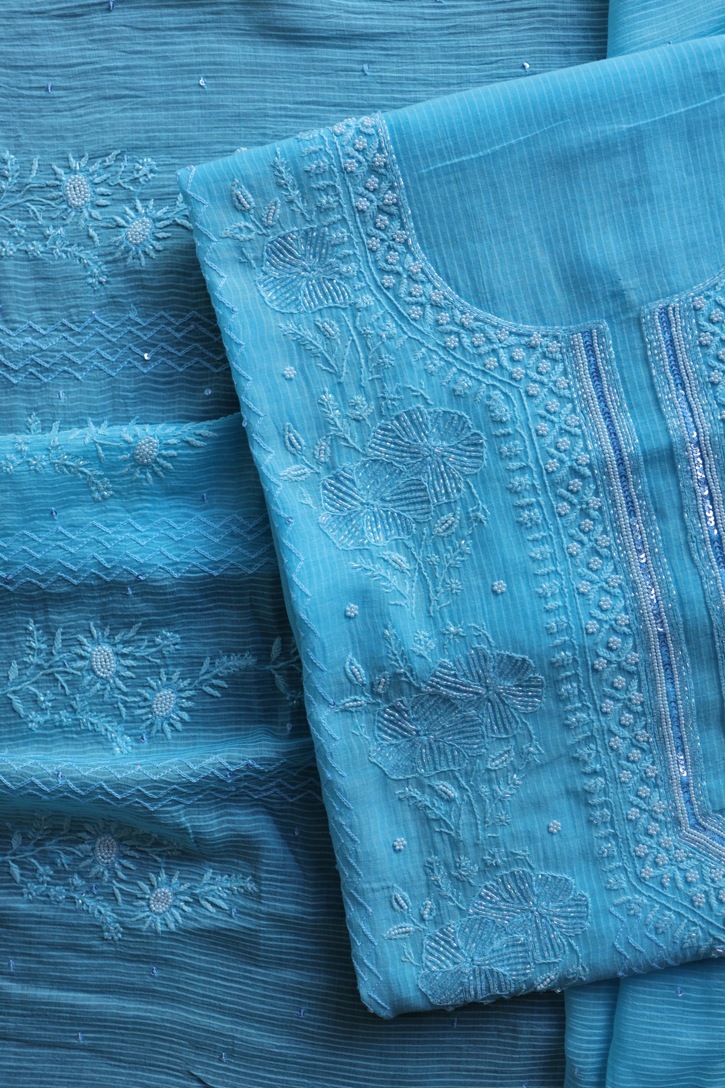 Sky Blue Pearl Work Chikankari Unstitched Fabric