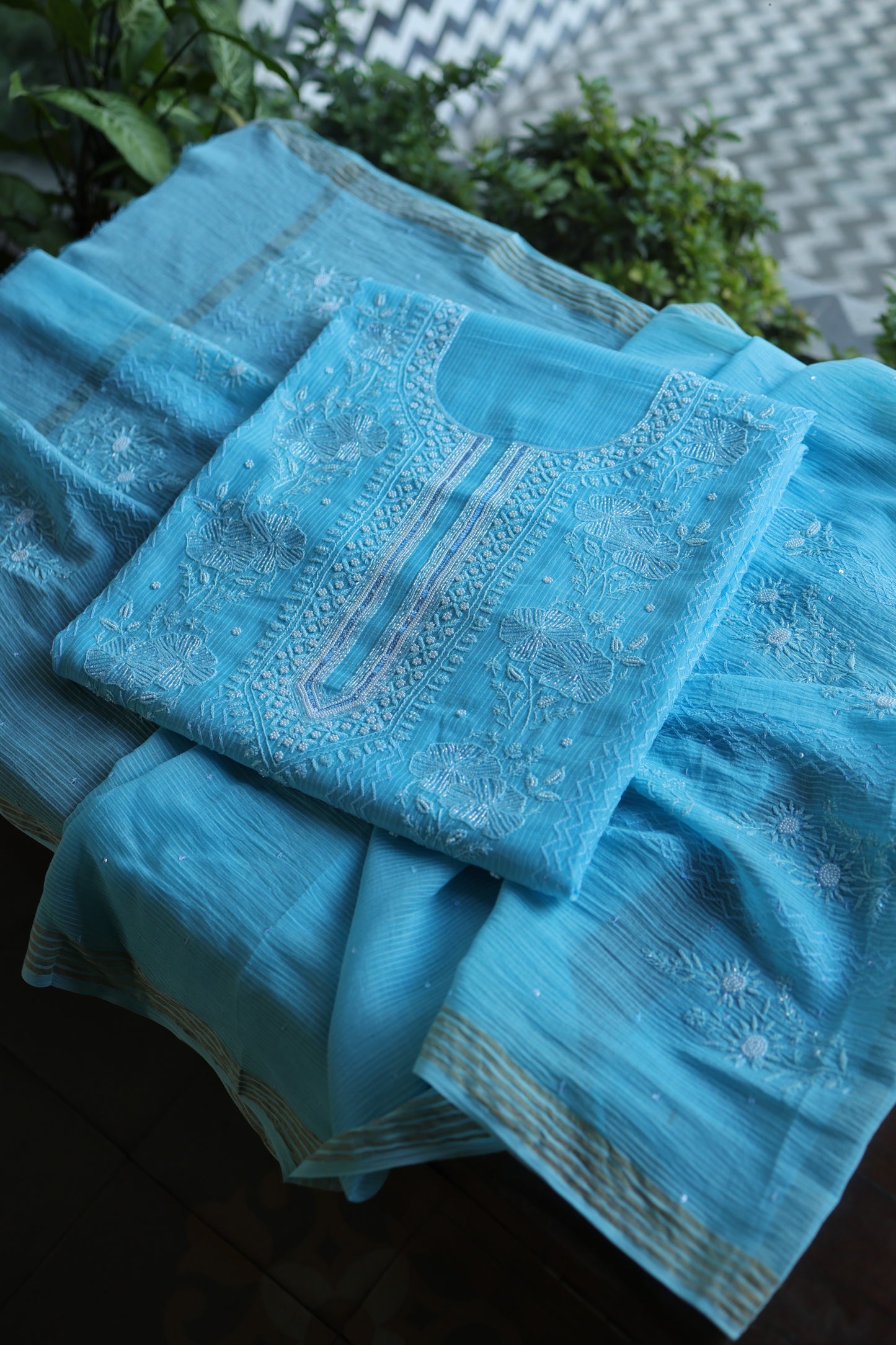 Sky Blue Pearl Work Chikankari Unstitched Fabric