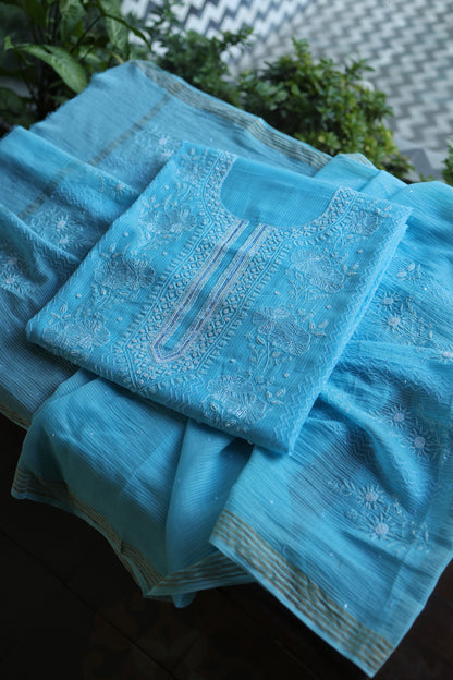 Sky Blue Pearl Work Chikankari Unstitched Fabric