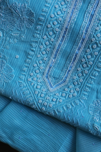 Sky Blue Pearl Work Chikankari Unstitched Fabric