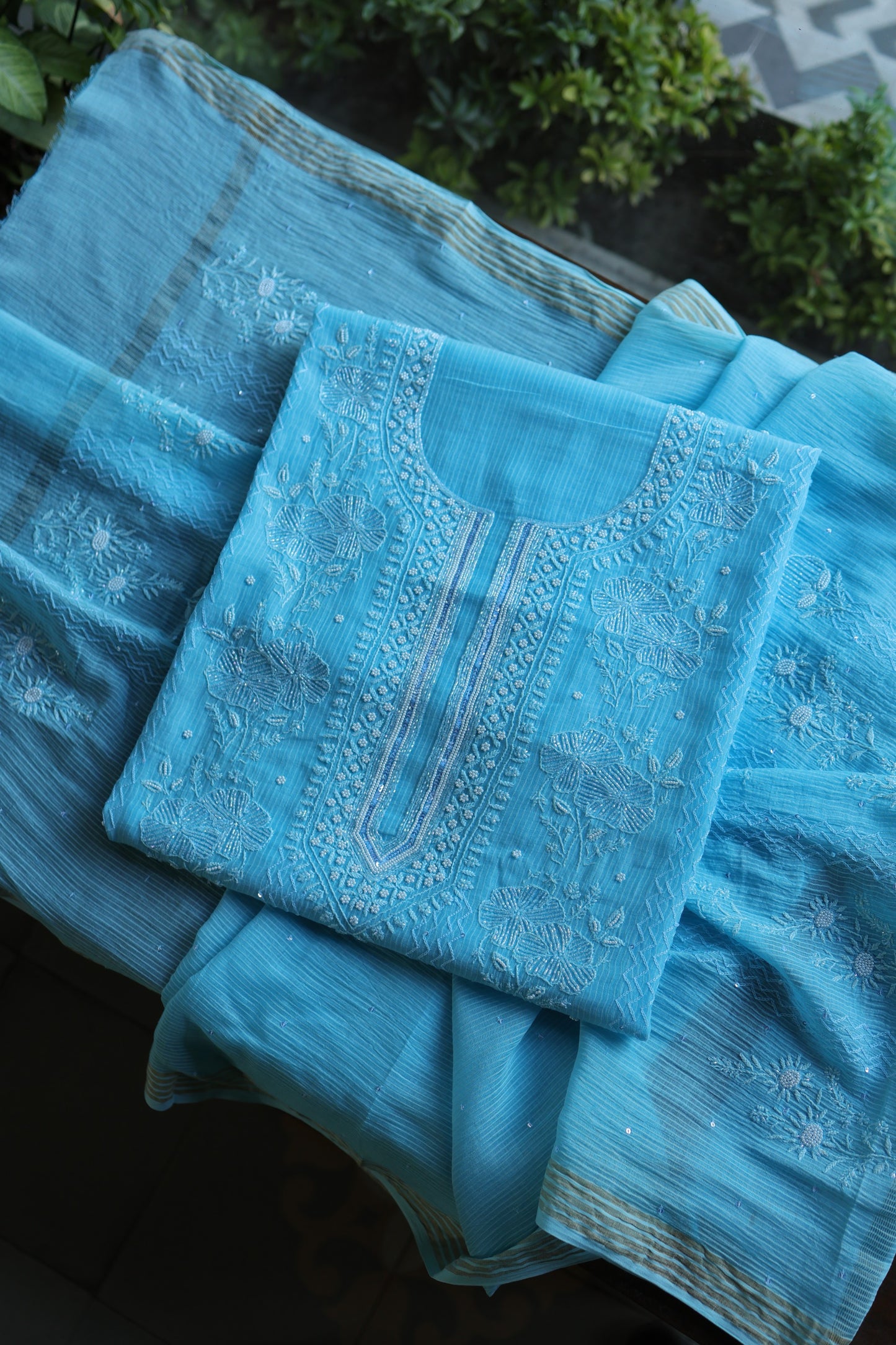 Sky Blue Pearl Work Chikankari Unstitched Fabric