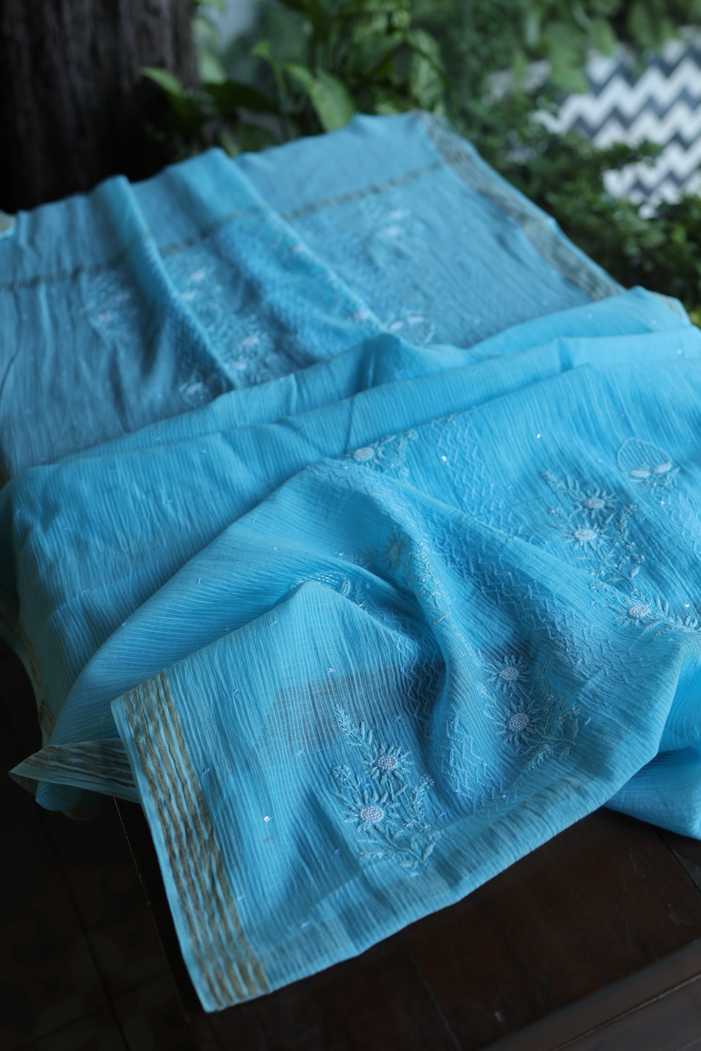 Sky Blue Pearl Work Chikankari Unstitched Fabric