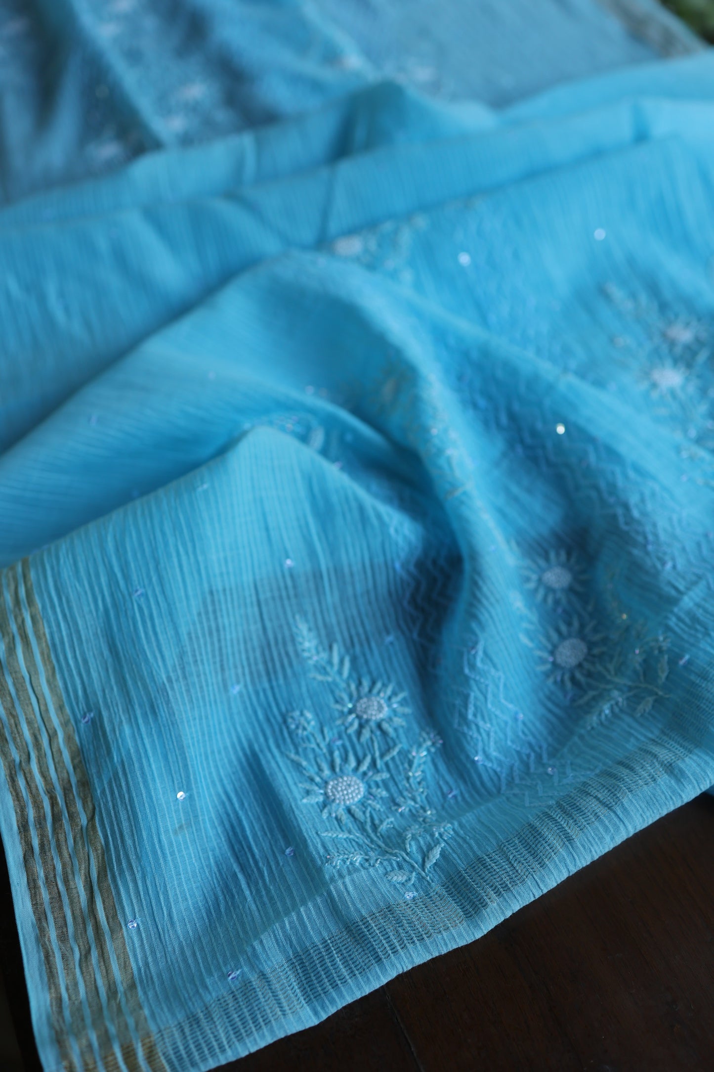 Sky Blue Pearl Work Chikankari Unstitched Fabric