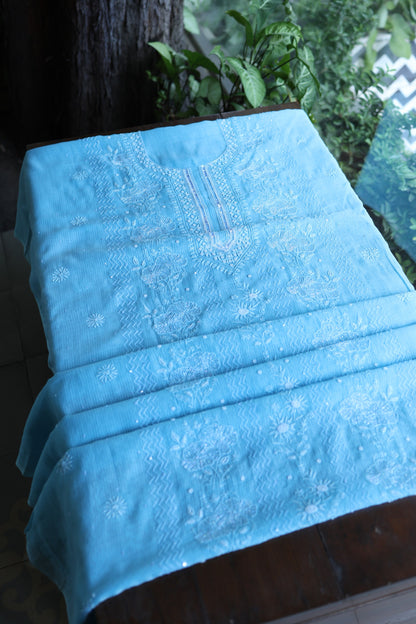 Sky Blue Pearl Work Chikankari Unstitched Fabric