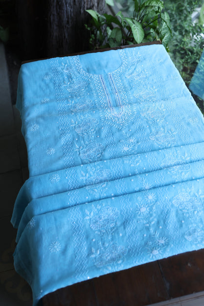 Sky Blue Pearl Work Chikankari Unstitched Fabric