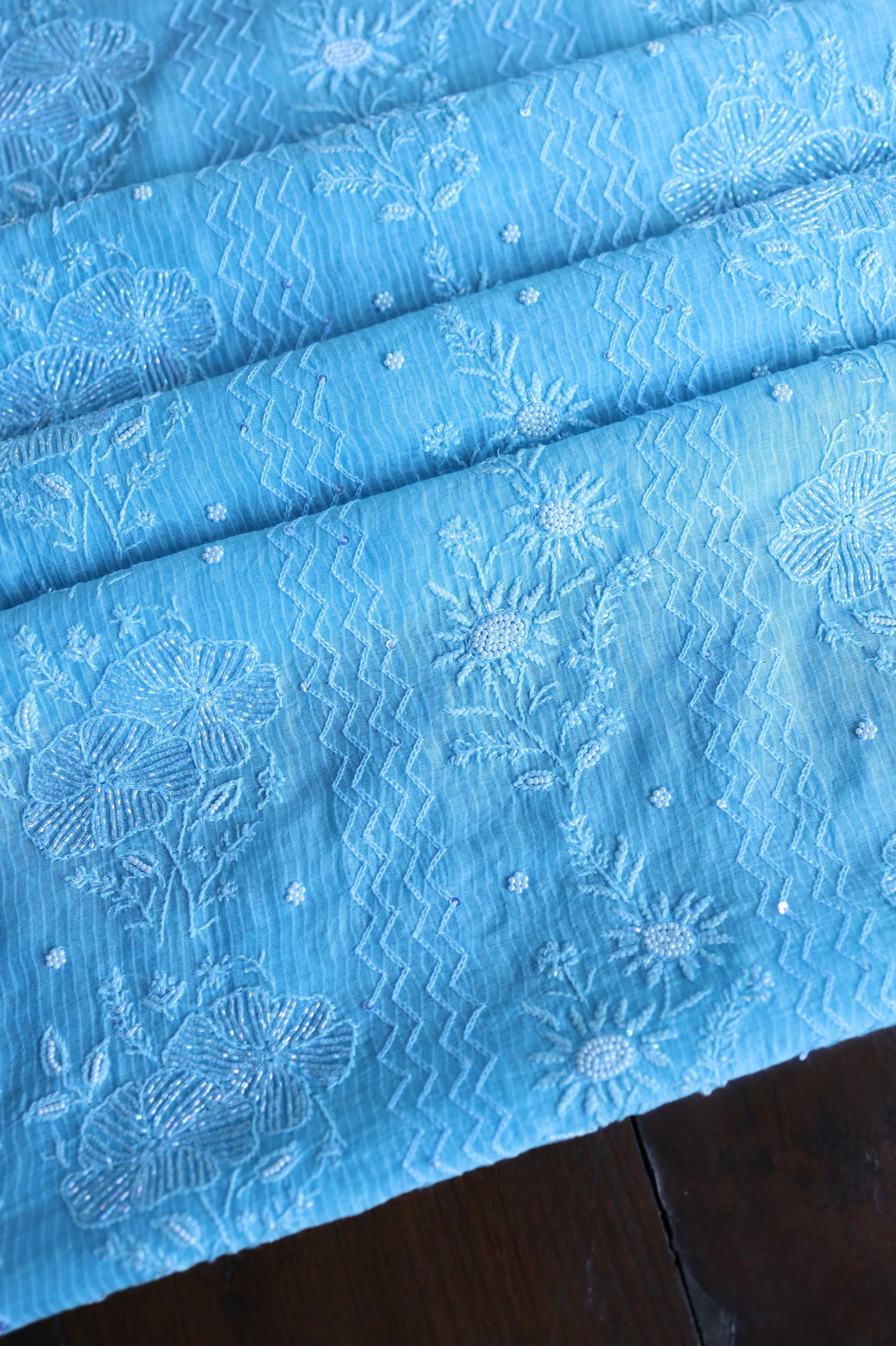 Sky Blue Pearl Work Chikankari Unstitched Fabric