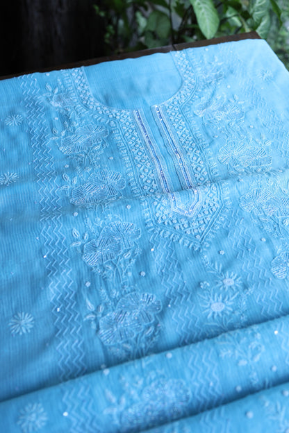 Sky Blue Pearl Work Chikankari Unstitched Fabric