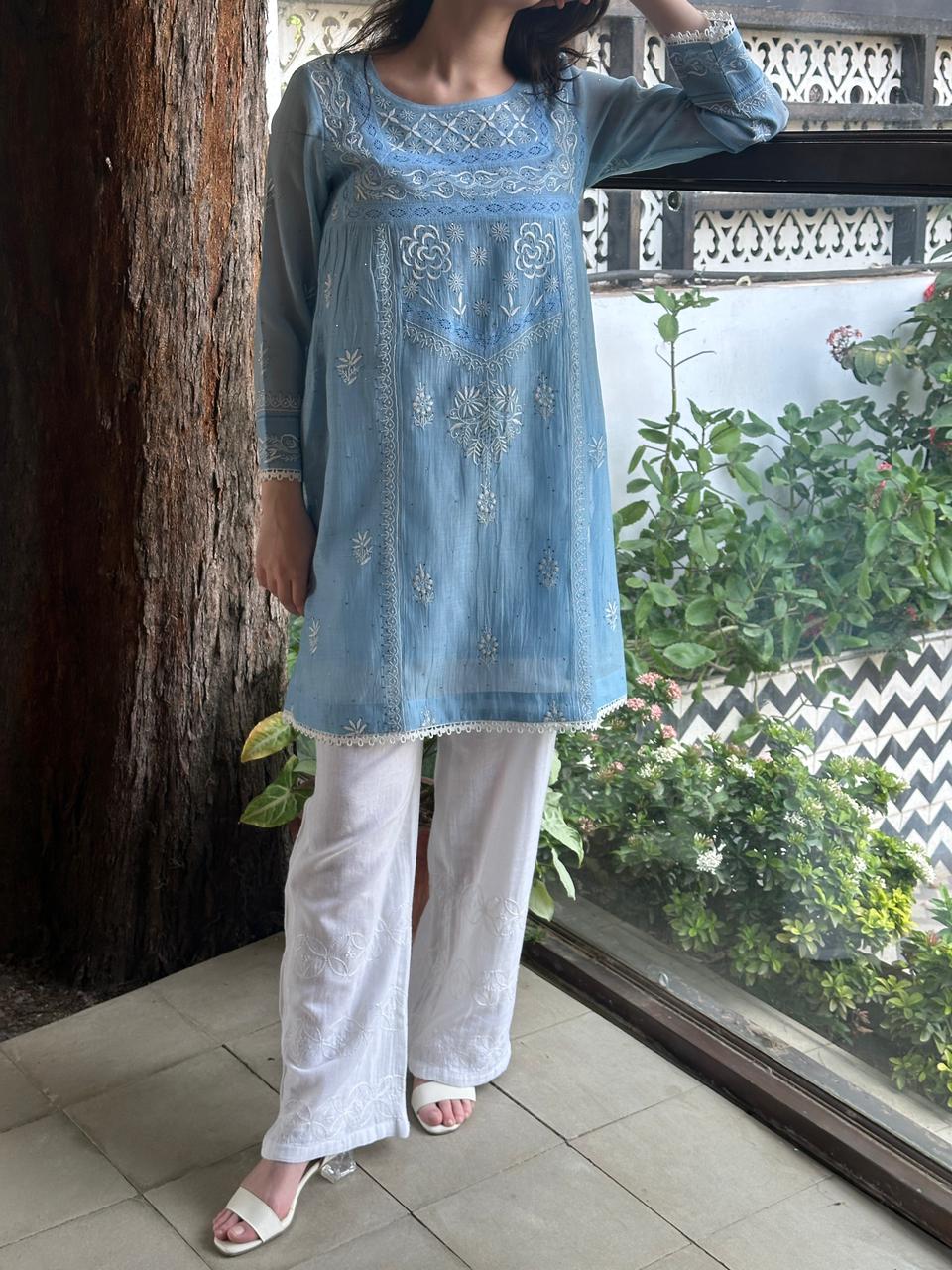 Sky Blue Shade Malmal Chikankari Kamdani Short Kurti