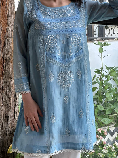 Sky Blue Shade Malmal Chikankari Kamdani Short Kurti