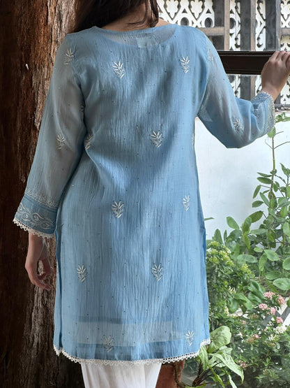 Sky Blue Shade Malmal Chikankari Kamdani Short Kurti