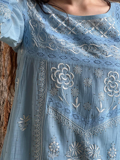 Sky Blue Shade Malmal Chikankari Kamdani Short Kurti