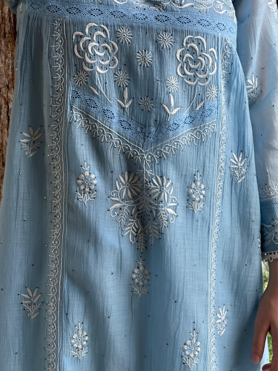 Sky Blue Shade Malmal Chikankari Kamdani Short Kurti
