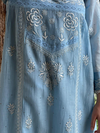 Sky Blue Shade Malmal Chikankari Kamdani Short Kurti