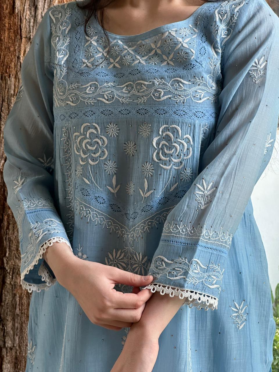 Sky Blue Shade Malmal Chikankari Kamdani Short Kurti