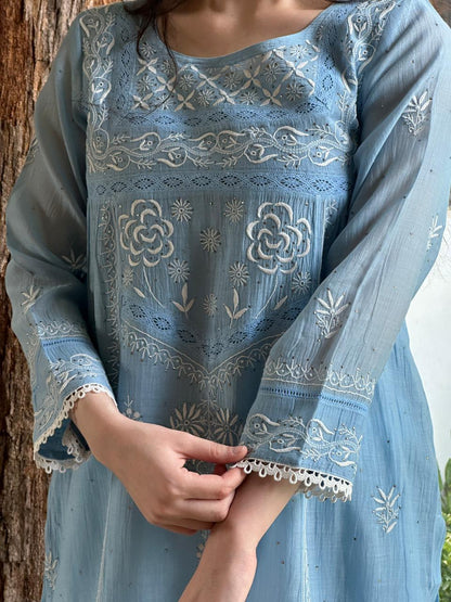 Sky Blue Shade Malmal Chikankari Kamdani Short Kurti