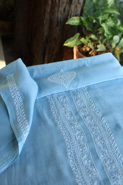 Sky Blue Shade Mulmul Chikankari Unstitched Men's Kurtas Fabric