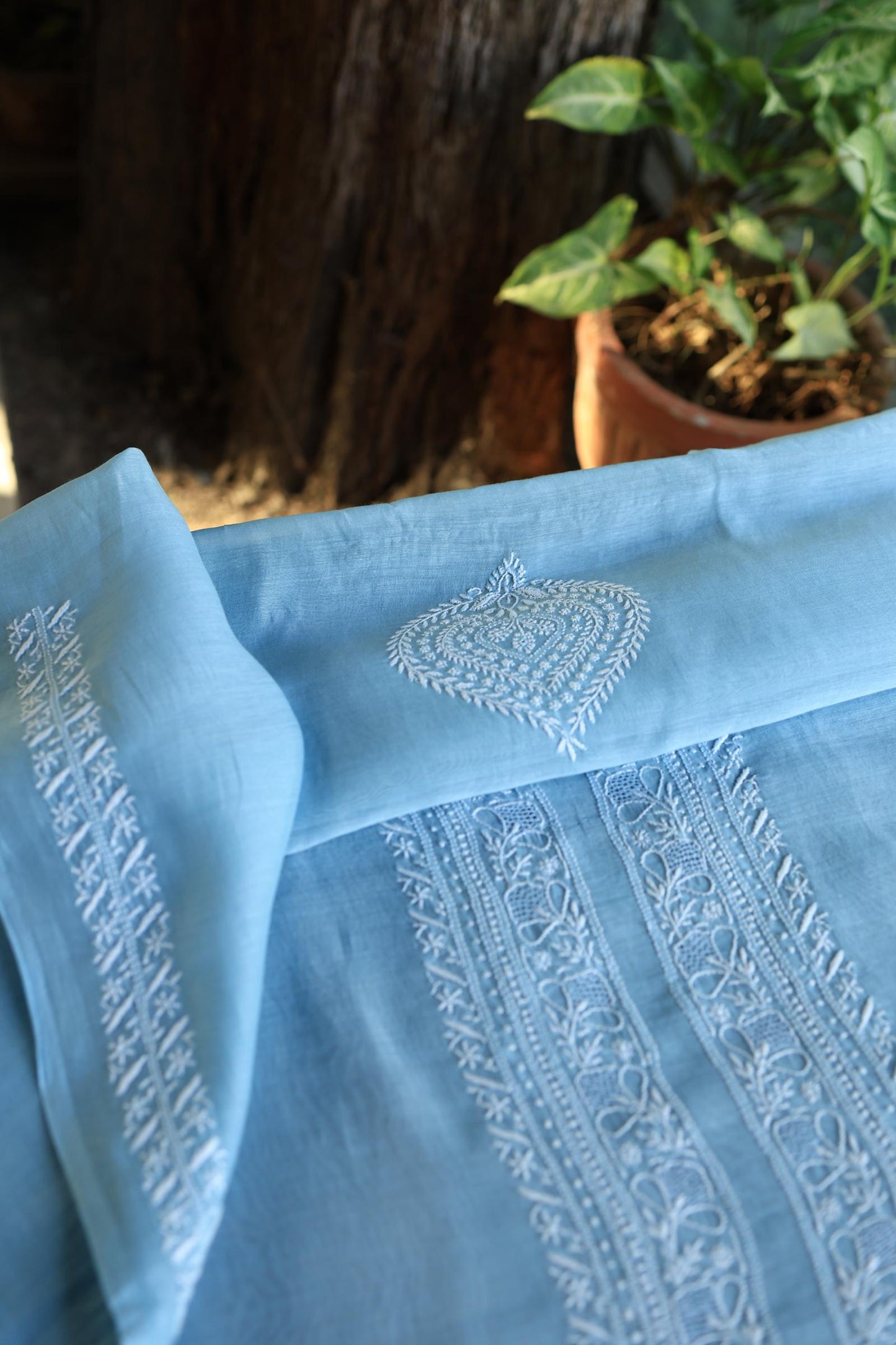 Sky Blue Shade Mulmul Chikankari Unstitched Men's Kurtas Fabric