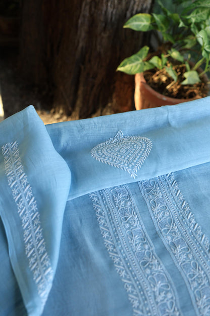 Sky Blue Shade Mulmul Chikankari Unstitched Men's Kurtas Fabric