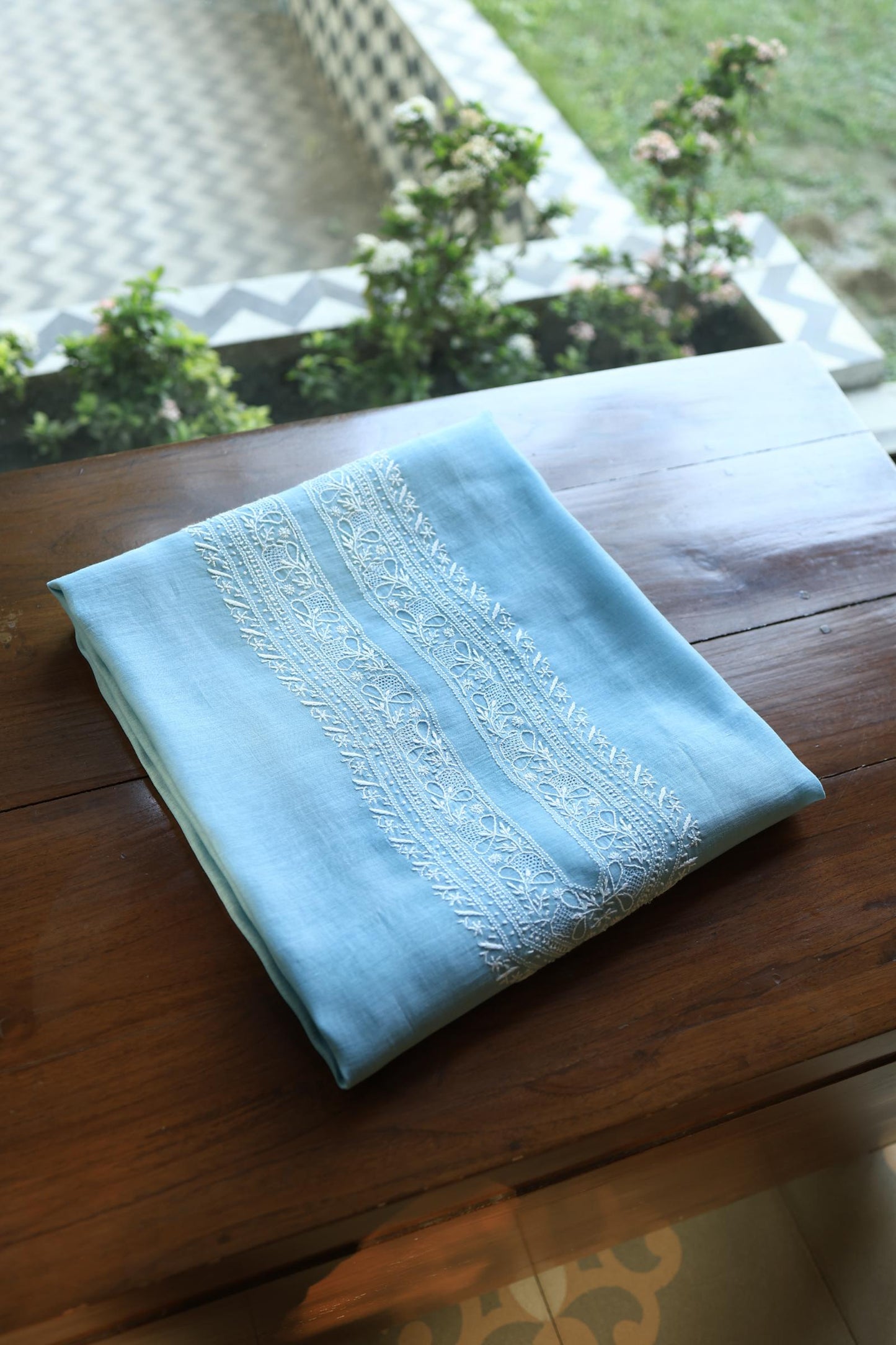 Sky Blue Shade Mulmul Chikankari Unstitched Men's Kurtas Fabric