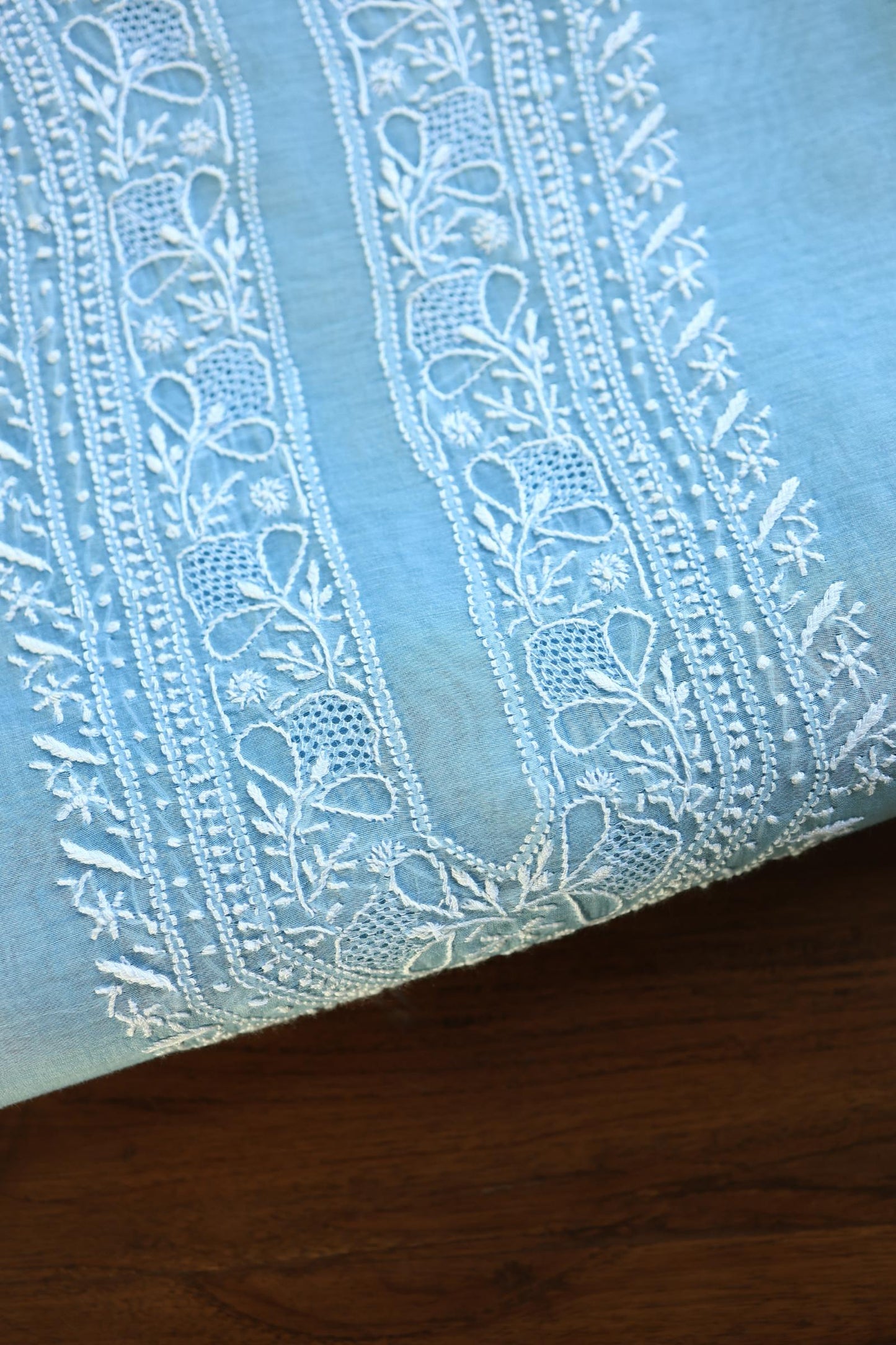 Sky Blue Shade Mulmul Chikankari Unstitched Men's Kurtas Fabric