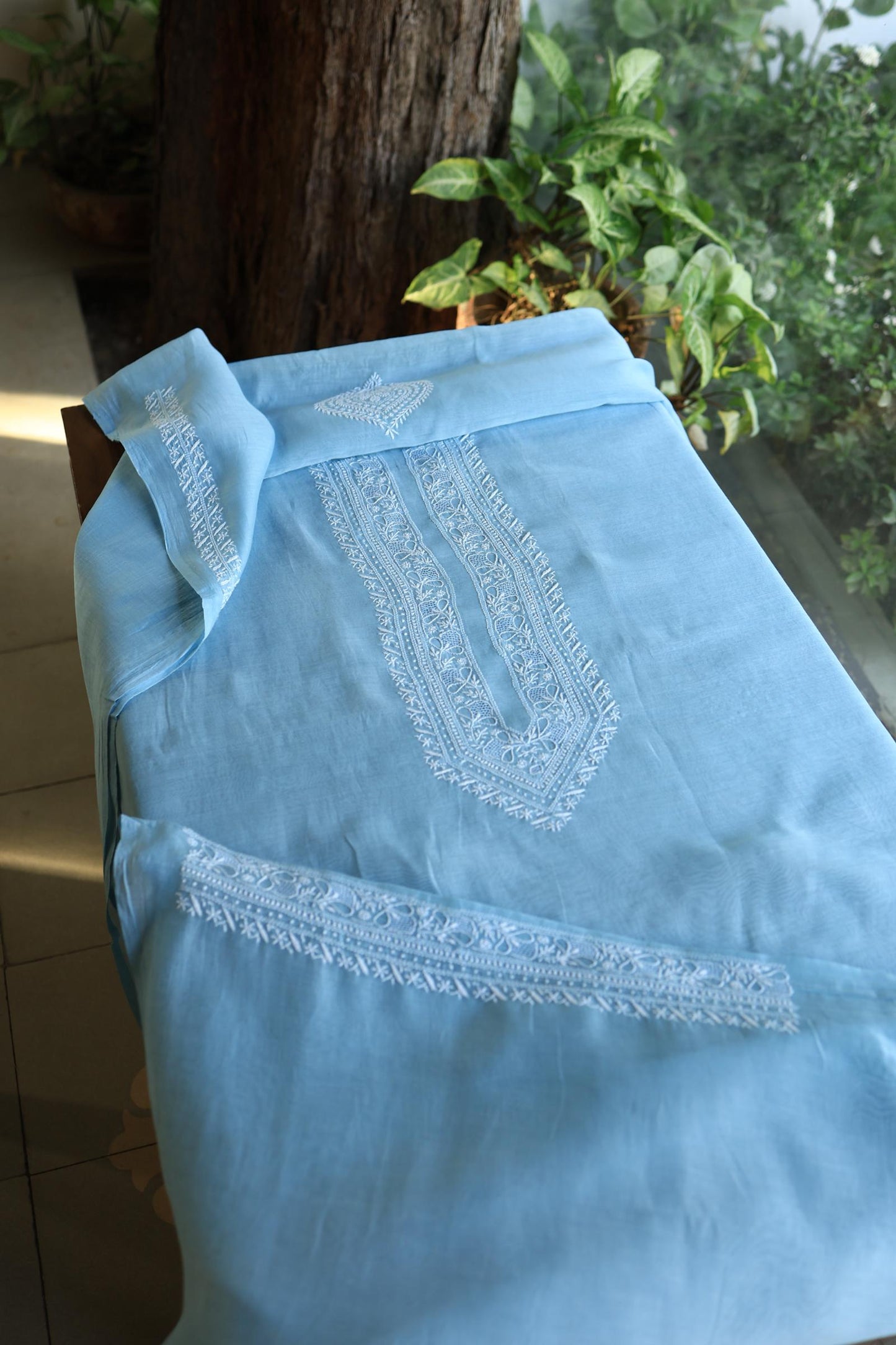 Sky Blue Shade Mulmul Chikankari Unstitched Men's Kurtas Fabric