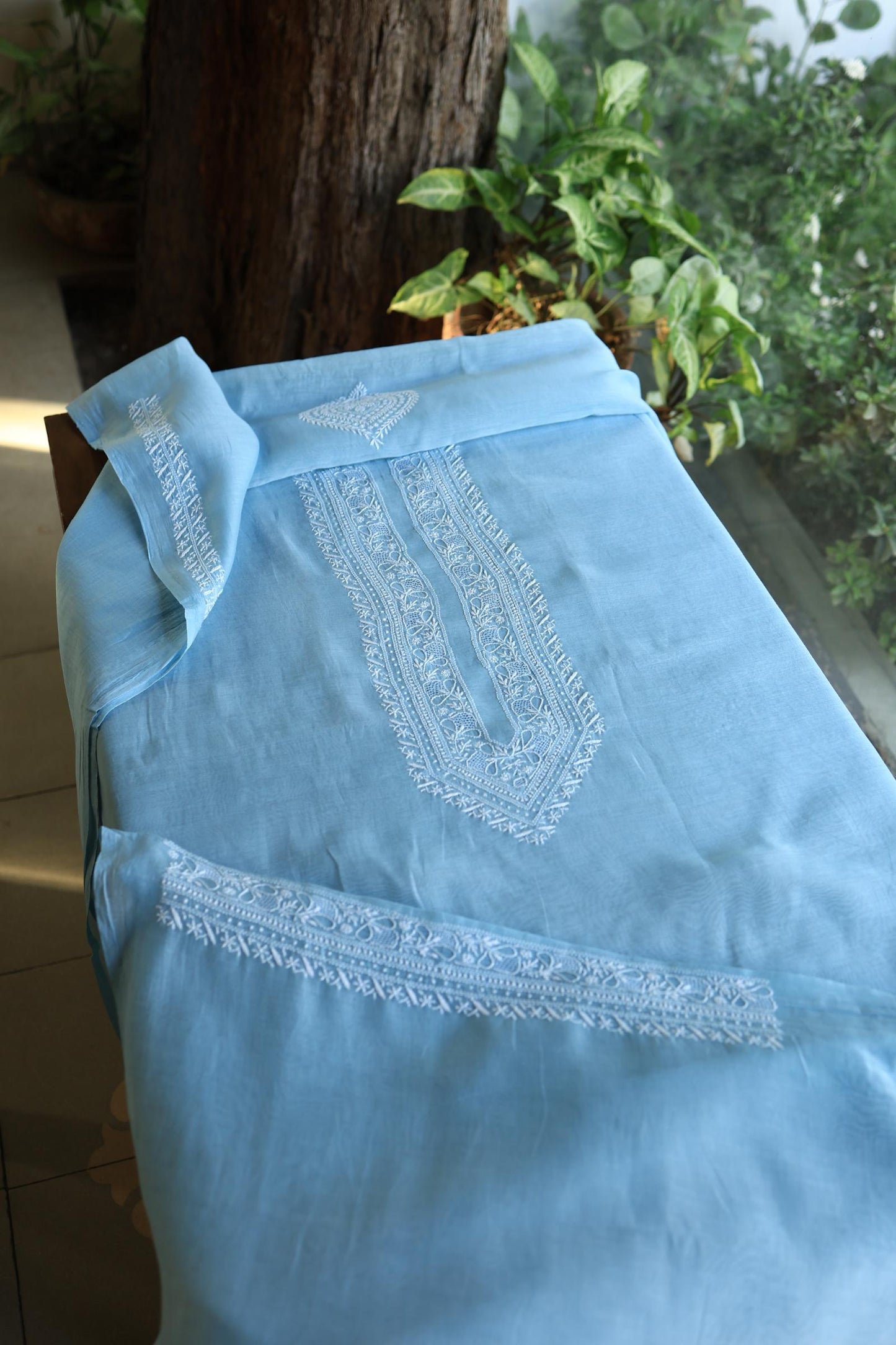 Sky Blue Shade Mulmul Chikankari Unstitched Men's Kurtas Fabric