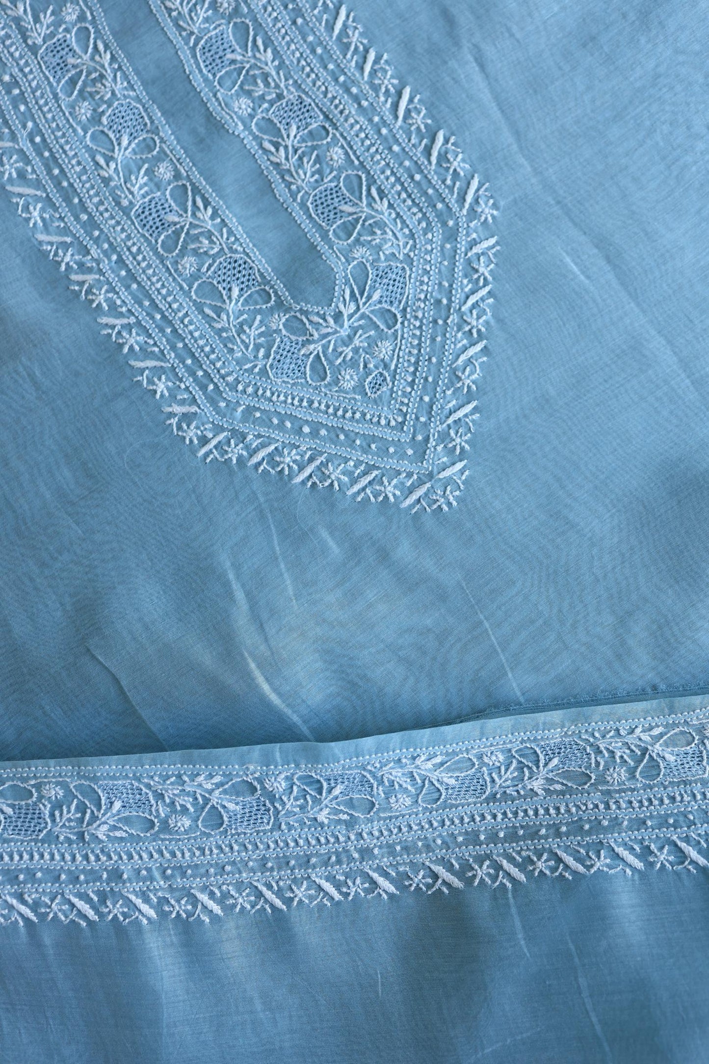Sky Blue Shade Mulmul Chikankari Unstitched Men's Kurtas Fabric