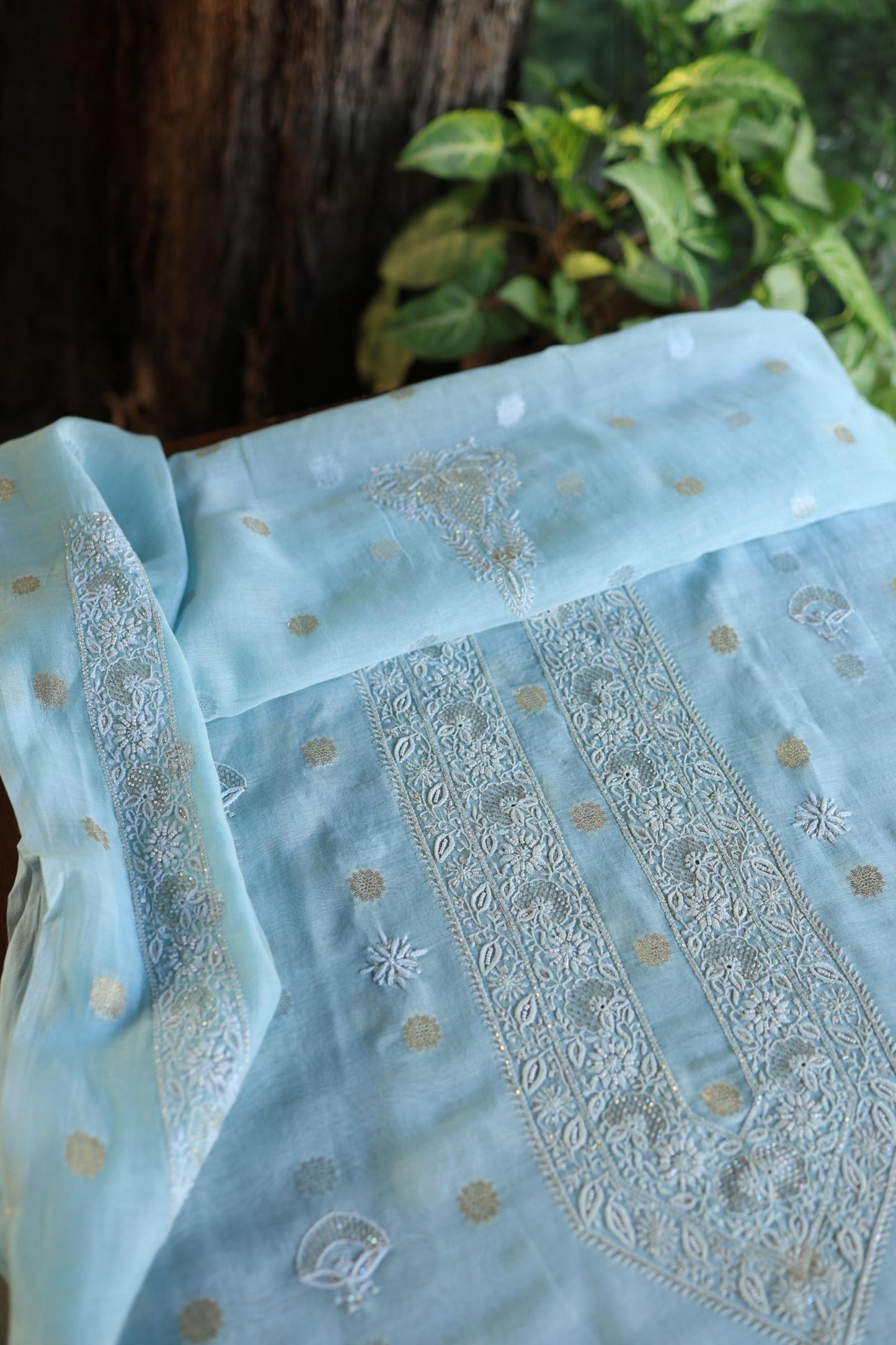 Sky Blue Shade Zari Chanderi Unisex Chikankari Unstitched Men’s Kurta Fabric