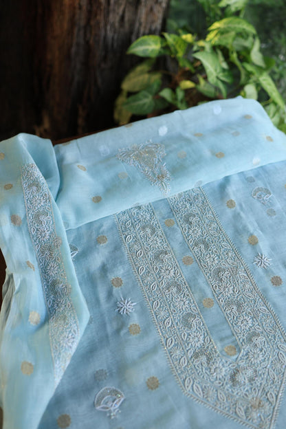 Sky Blue Shade Zari Chanderi Unisex Chikankari Unstitched Men’s Kurta Fabric