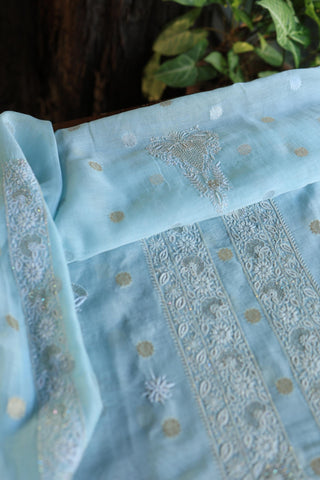 Sky Blue Shade Zari Chanderi Unisex Chikankari Unstitched Men’s Kurta Fabric