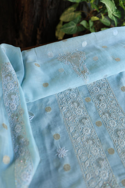 Sky Blue Shade Zari Chanderi Unisex Chikankari Unstitched Men’s Kurta Fabric