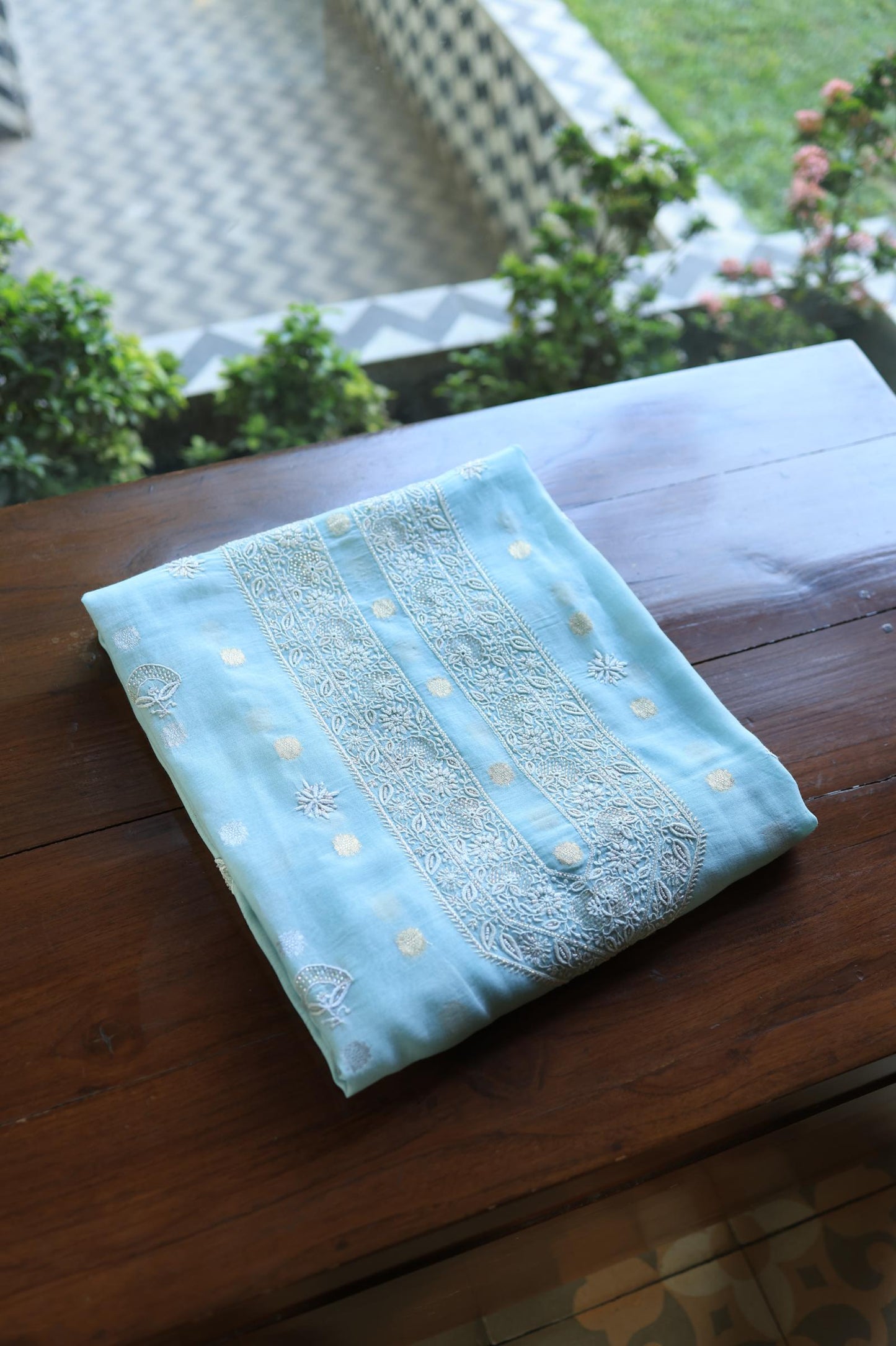 Sky Blue Shade Zari Chanderi Unisex Chikankari Unstitched Men’s Kurta Fabric