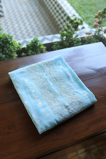 Sky Blue Shade Zari Chanderi Unisex Chikankari Unstitched Men’s Kurta Fabric
