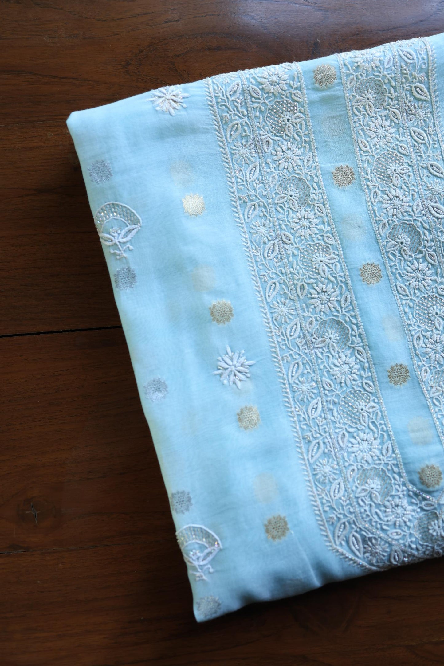 Sky Blue Shade Zari Chanderi Unisex Chikankari Unstitched Men’s Kurta Fabric