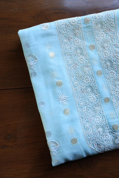 Sky Blue Shade Zari Chanderi Unisex Chikankari Unstitched Men’s Kurta Fabric