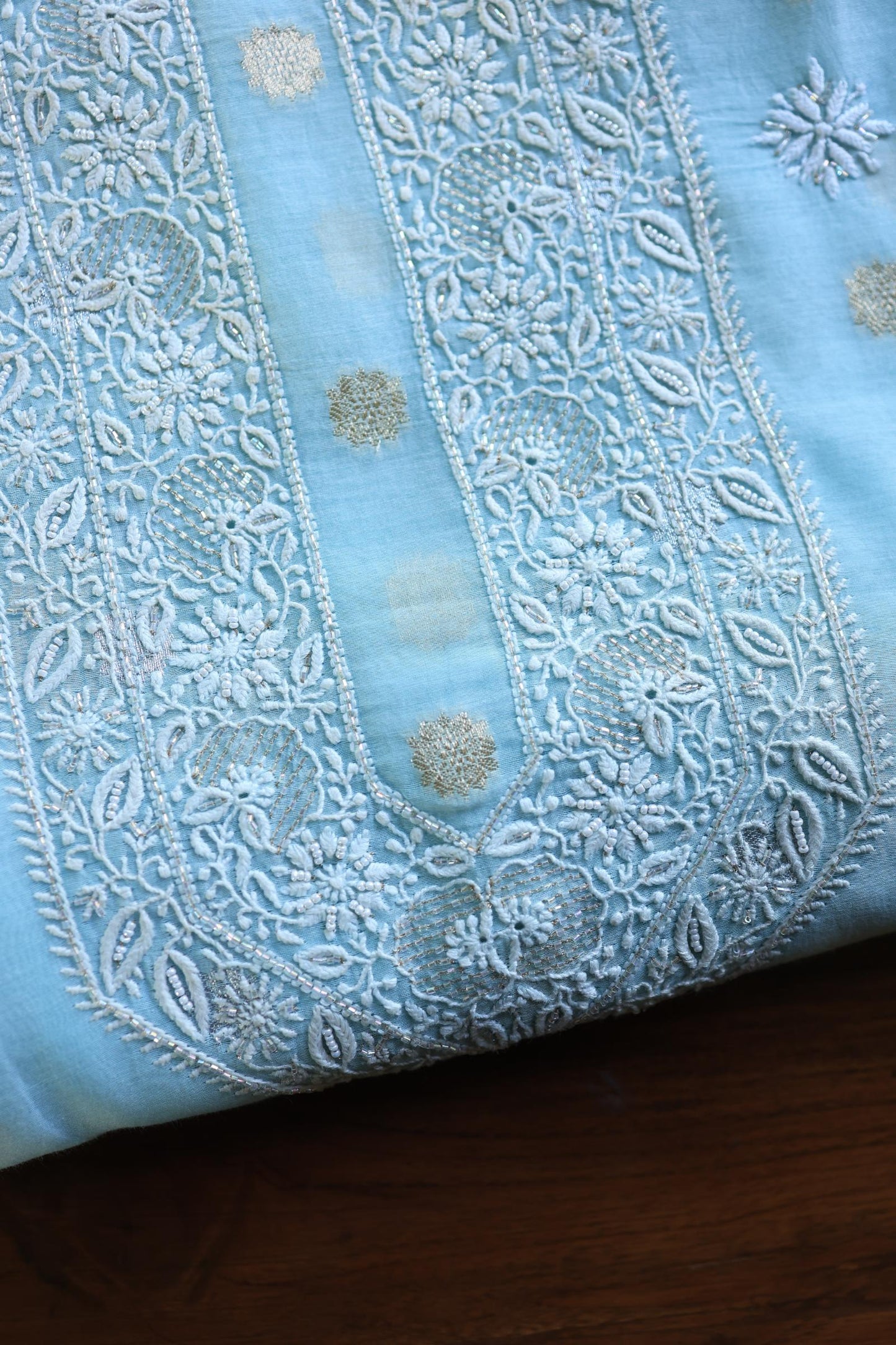 Sky Blue Shade Zari Chanderi Unisex Chikankari Unstitched Men’s Kurta Fabric
