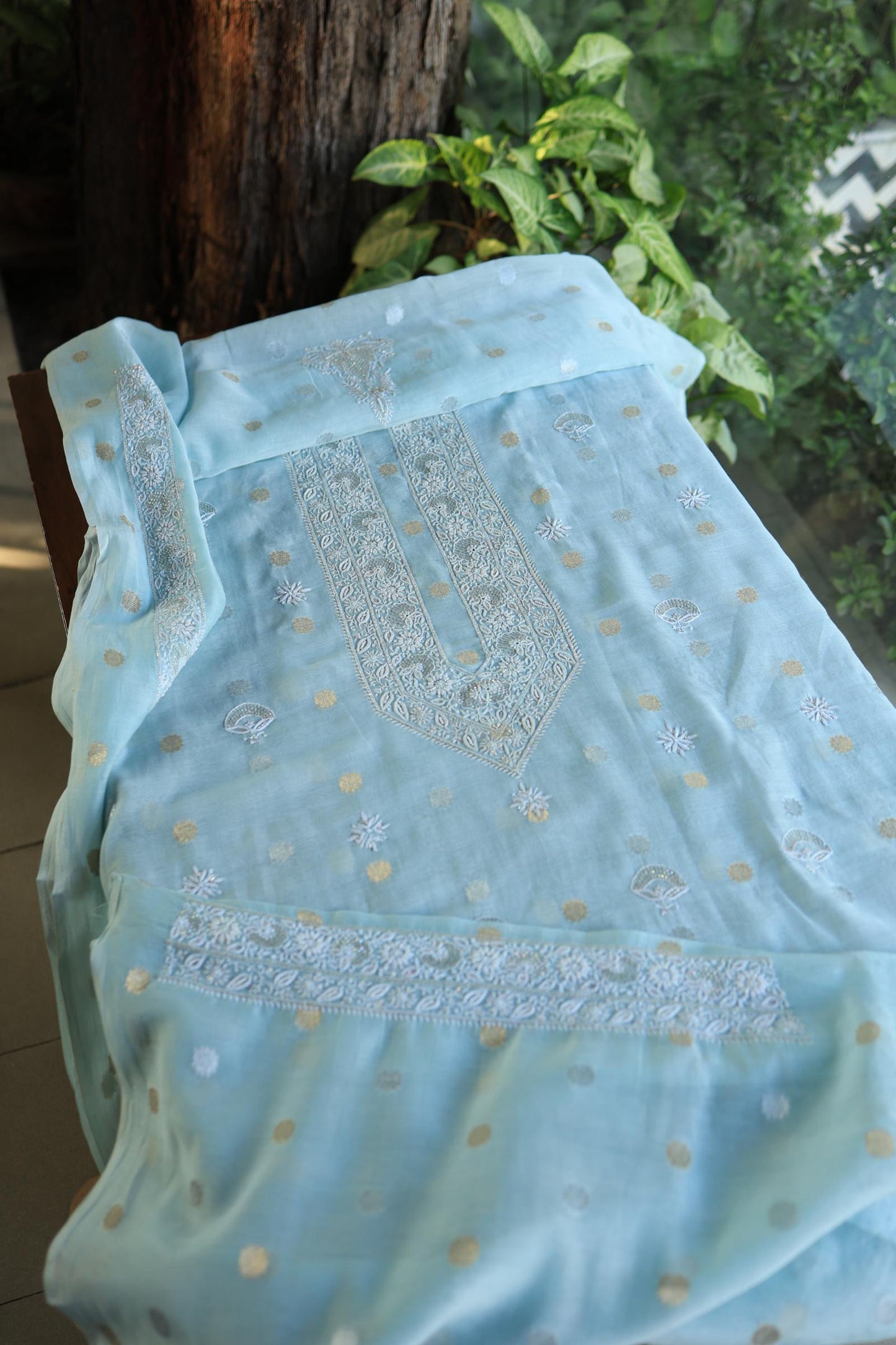 Sky Blue Shade Zari Chanderi Unisex Chikankari Unstitched Men’s Kurta Fabric