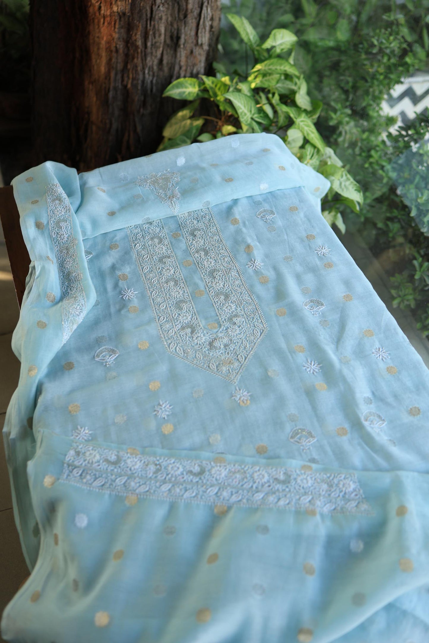 Sky Blue Shade Zari Chanderi Unisex Chikankari Unstitched Men’s Kurta Fabric