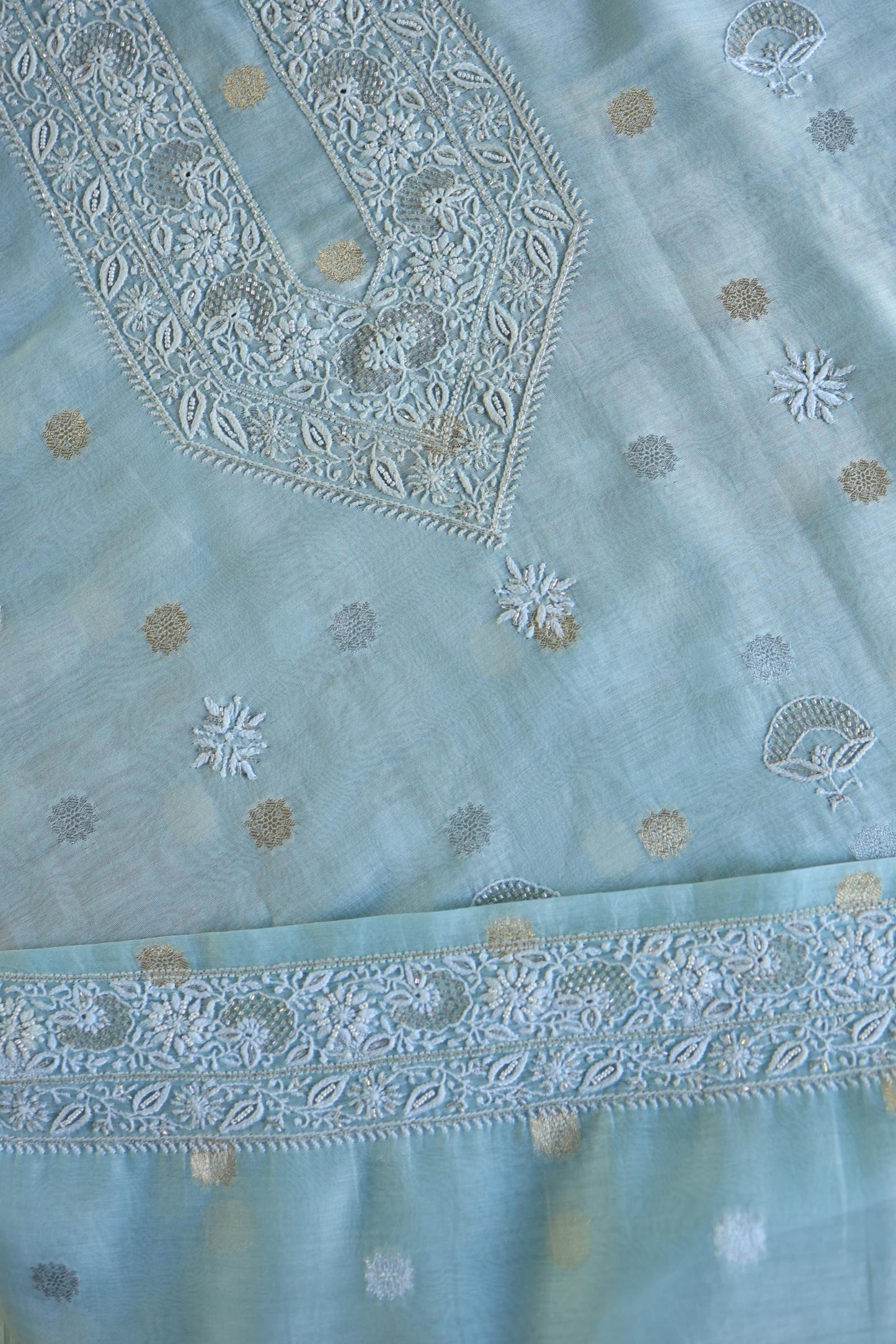 Sky Blue Shade Zari Chanderi Unisex Chikankari Unstitched Men’s Kurta Fabric