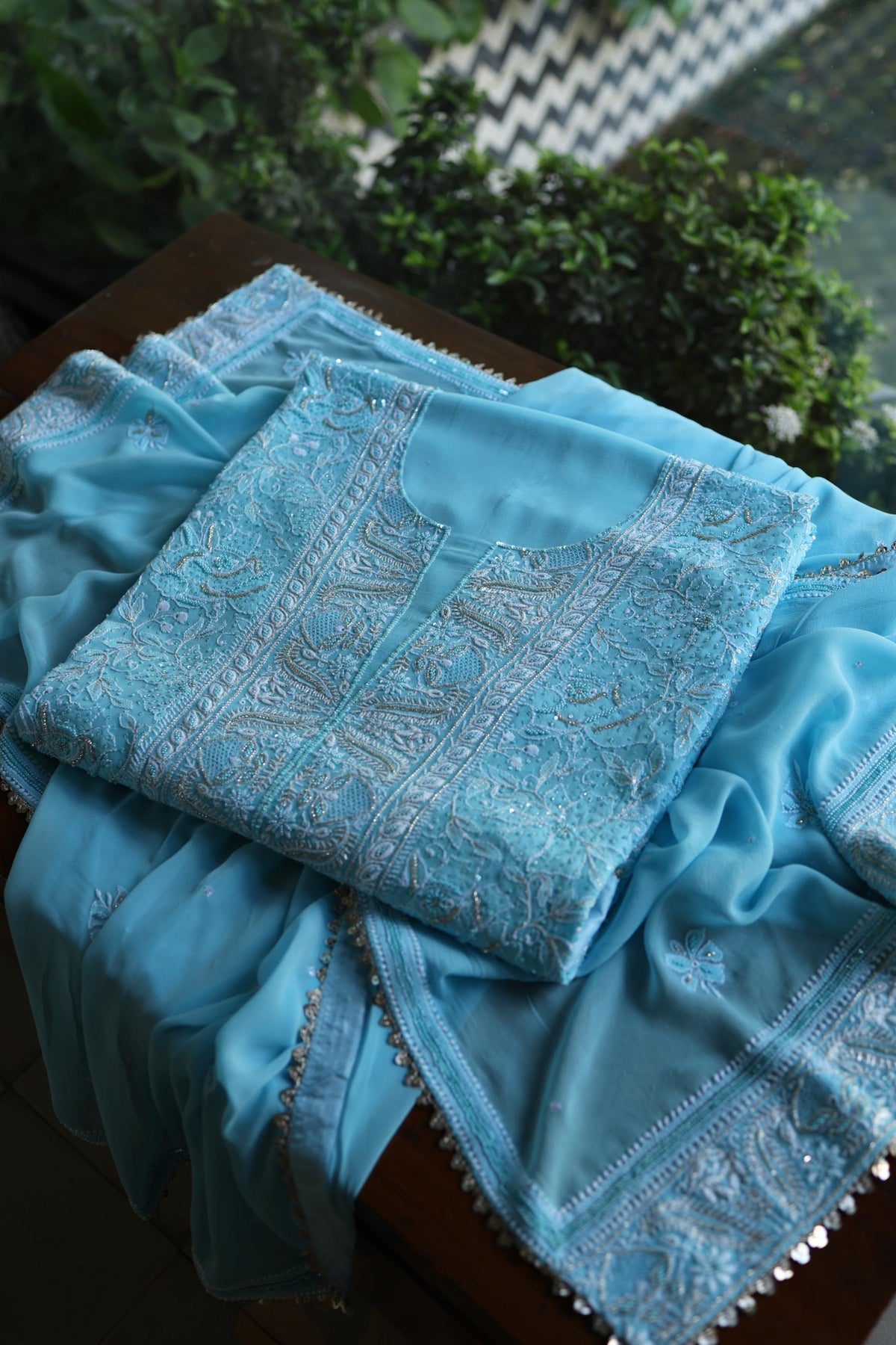 Sky Blue Superfine Pure Georgette Chikankari Kurta Set
