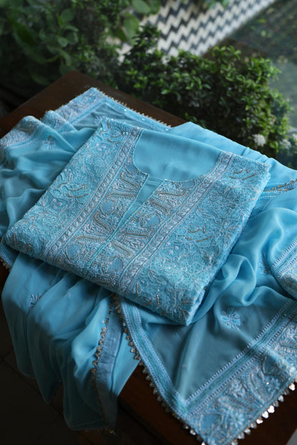 Sky Blue Superfine Pure Georgette Chikankari Kurta Set