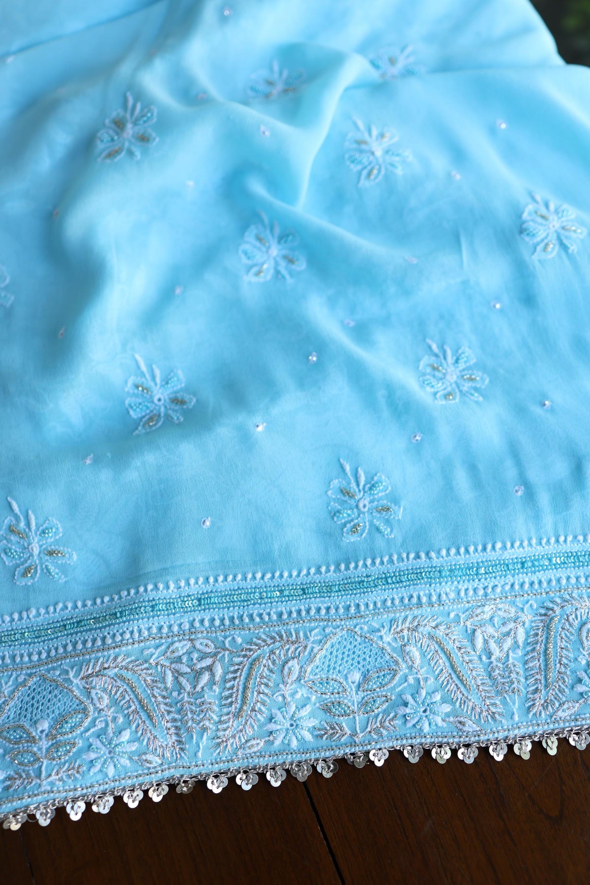Sky Blue Superfine Pure Georgette Chikankari Kurta Set